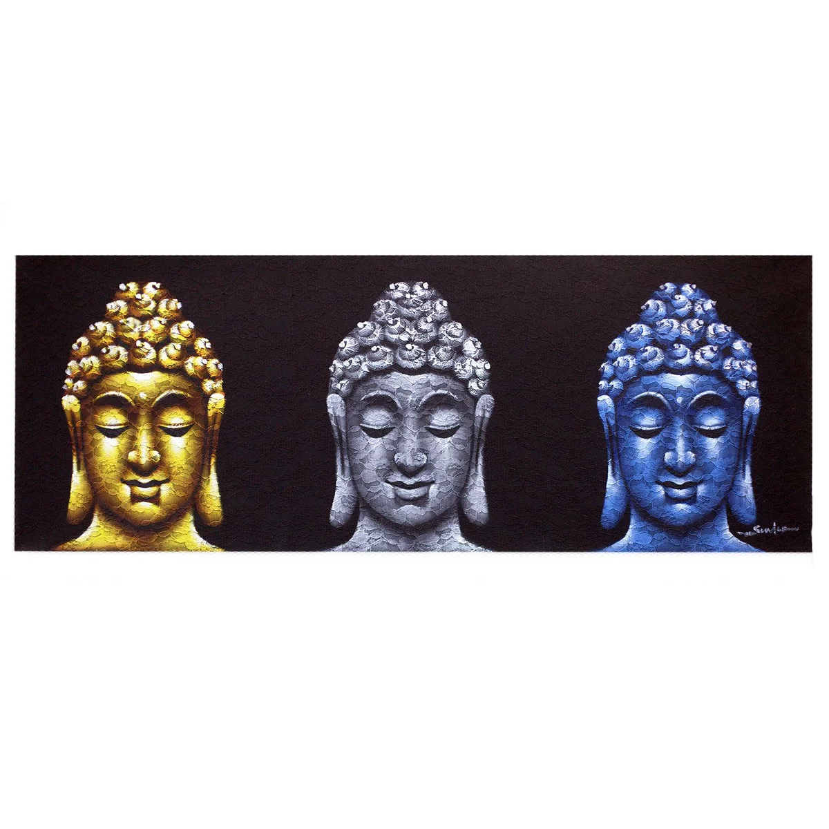 Black Buddha painting featuring three heads in a minimalist style on a plain background