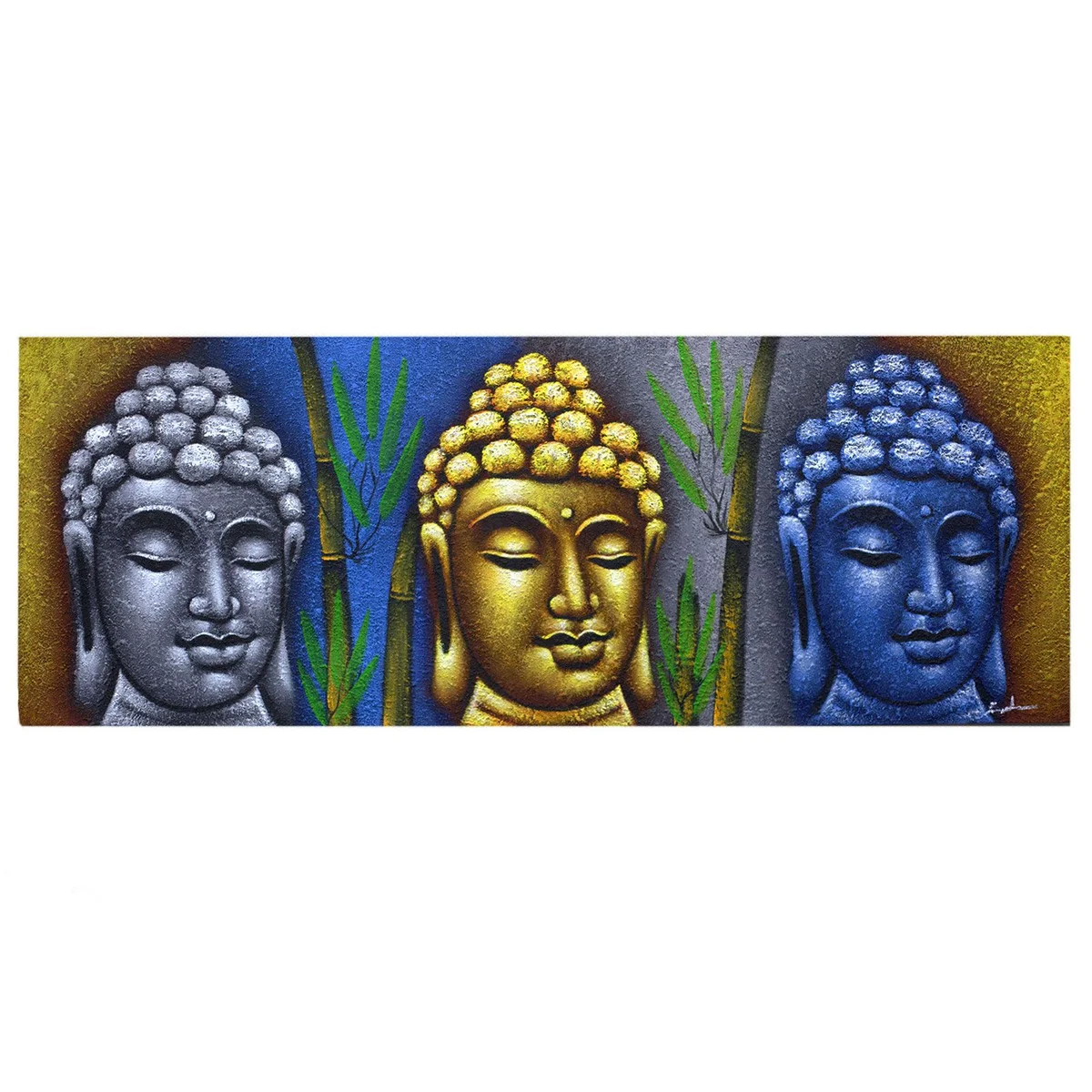 Buddha painting featuring three Buddha heads with green bamboo stalks in the background