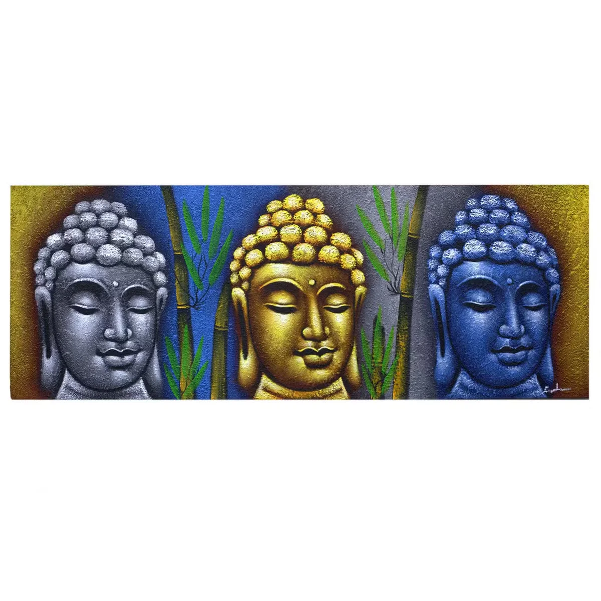 Buddha canvas painting featuring three Buddha heads with green bamboo stalks in the background on a neutral canvas