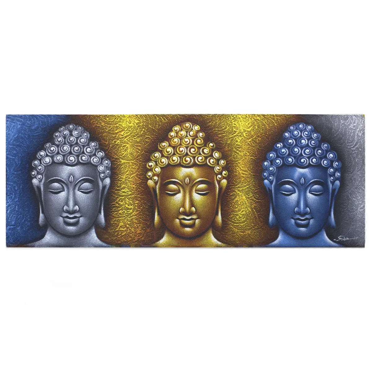 Three heads Buddha art painting with gold detail on a calm, serene Buddha figure on a neutral background