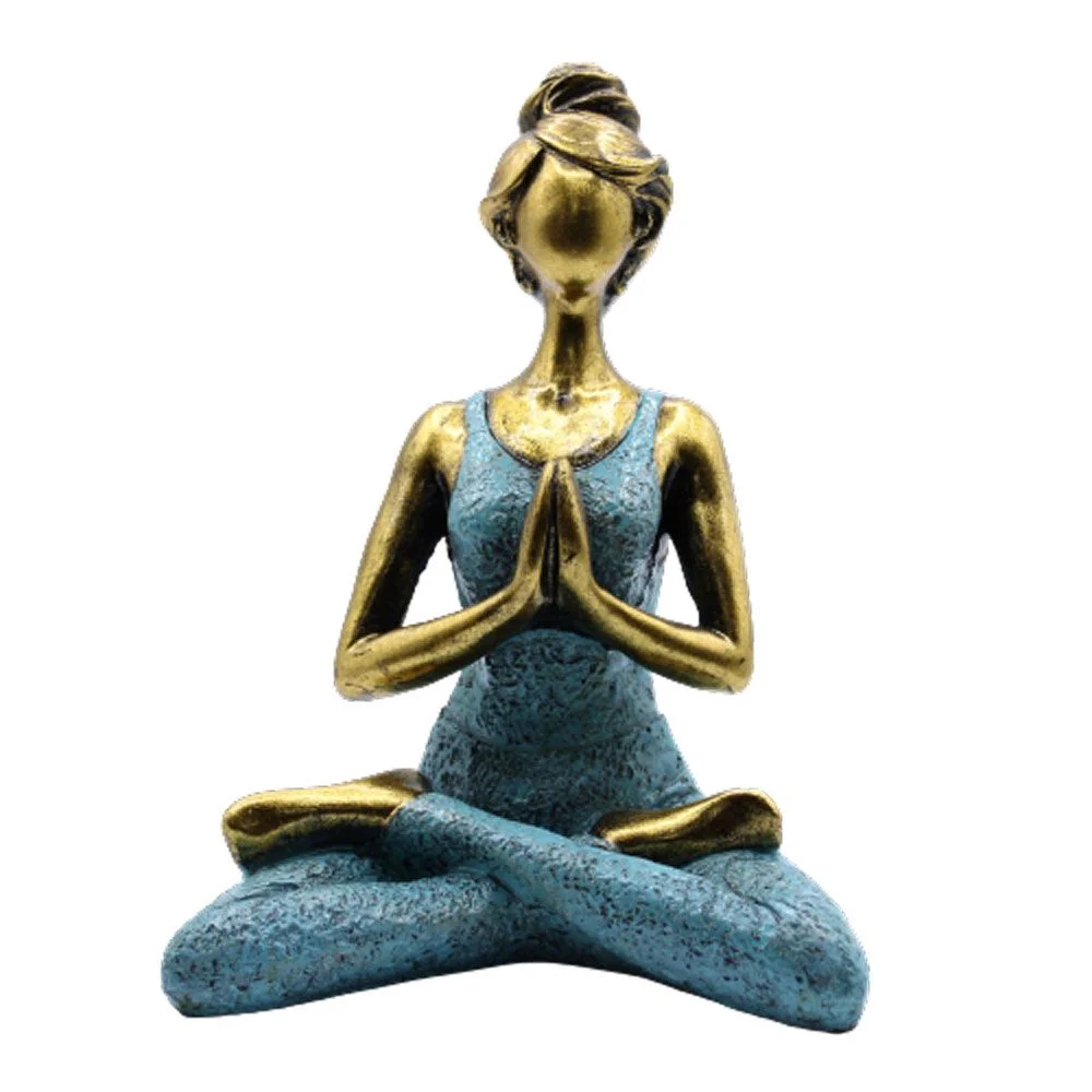 Bronze and turquoise yoga lady figure sculpture standing 24cm tall on a white background