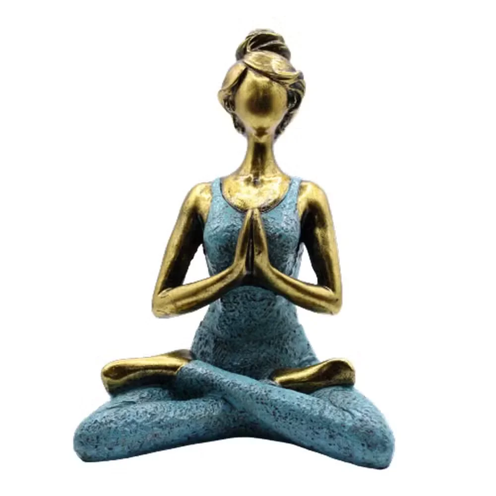 Bronze and turquoise yoga figurine 24cm tall showing a lady in a seated yoga pose against white background