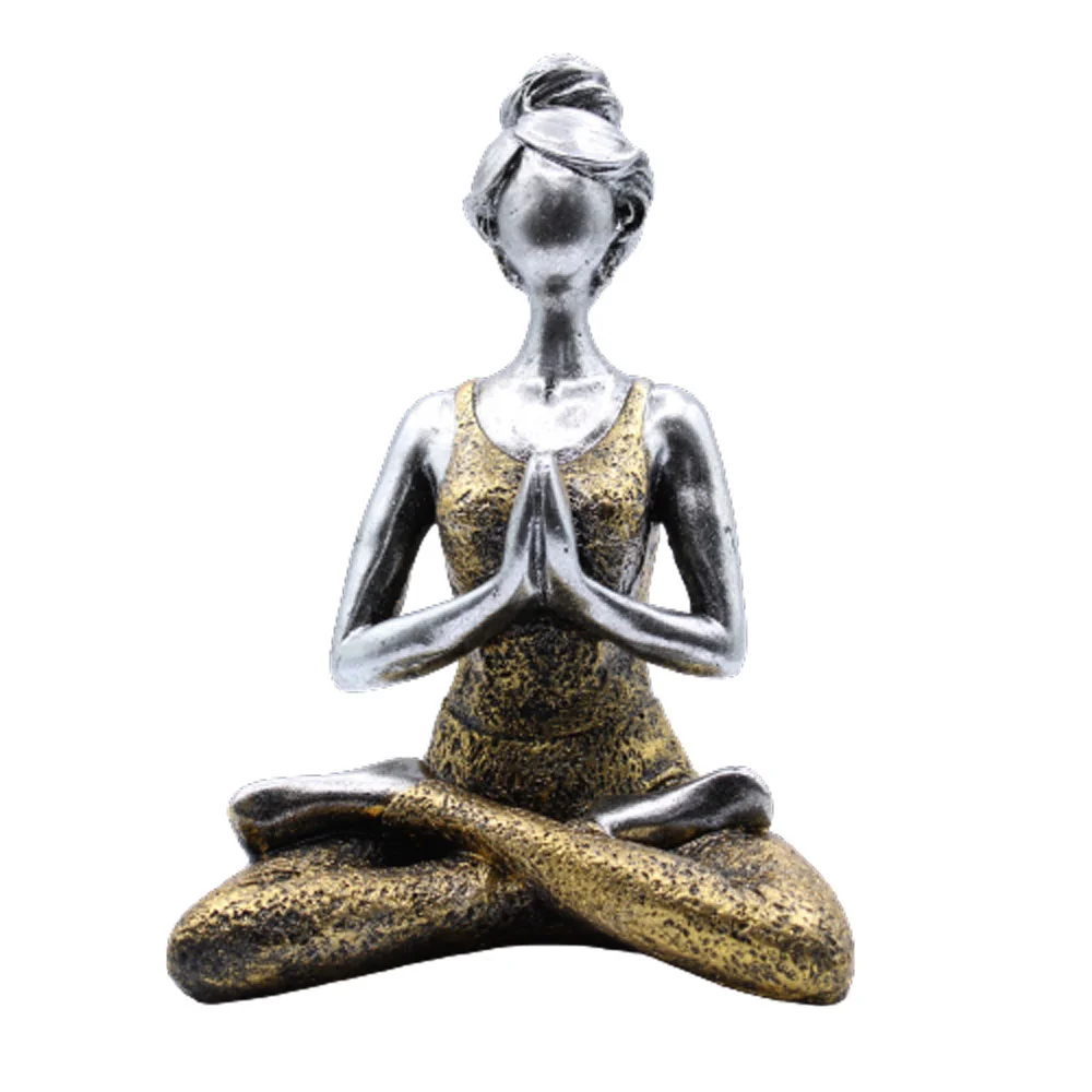 Silver and gold 24cm yoga lady figure sculpture for yoga home decor on white background
