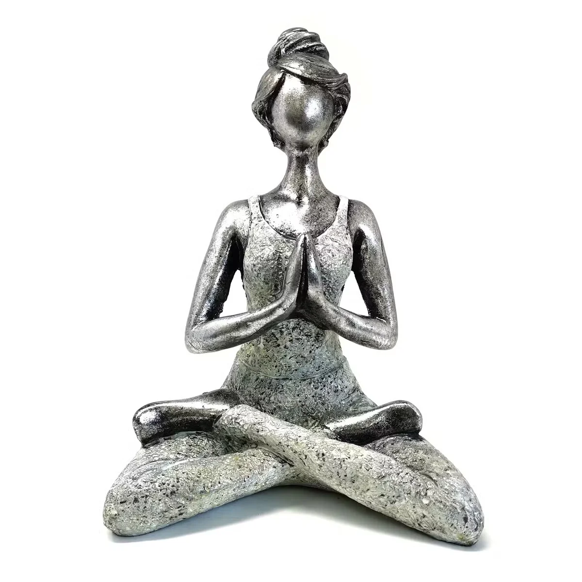 Silver and white 24cm Yoga Lady meditation ornament in a seated pose on a plain background, image position 3.