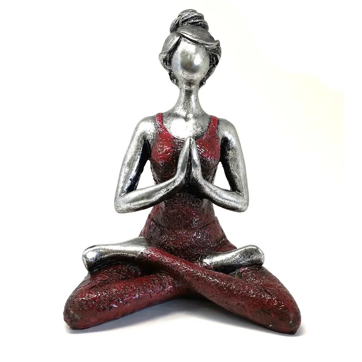 Silver yoga ornament featuring a lady figure in a yoga pose with silver and bordeaux colors, 24cm tall