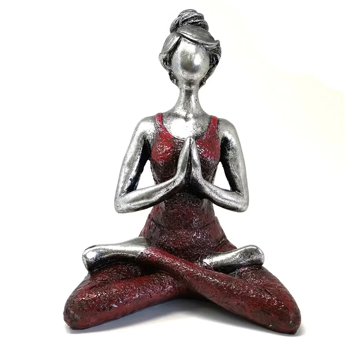 Silver and bordeaux 24cm yoga statue of a lady figure in a seated yoga pose on a white background