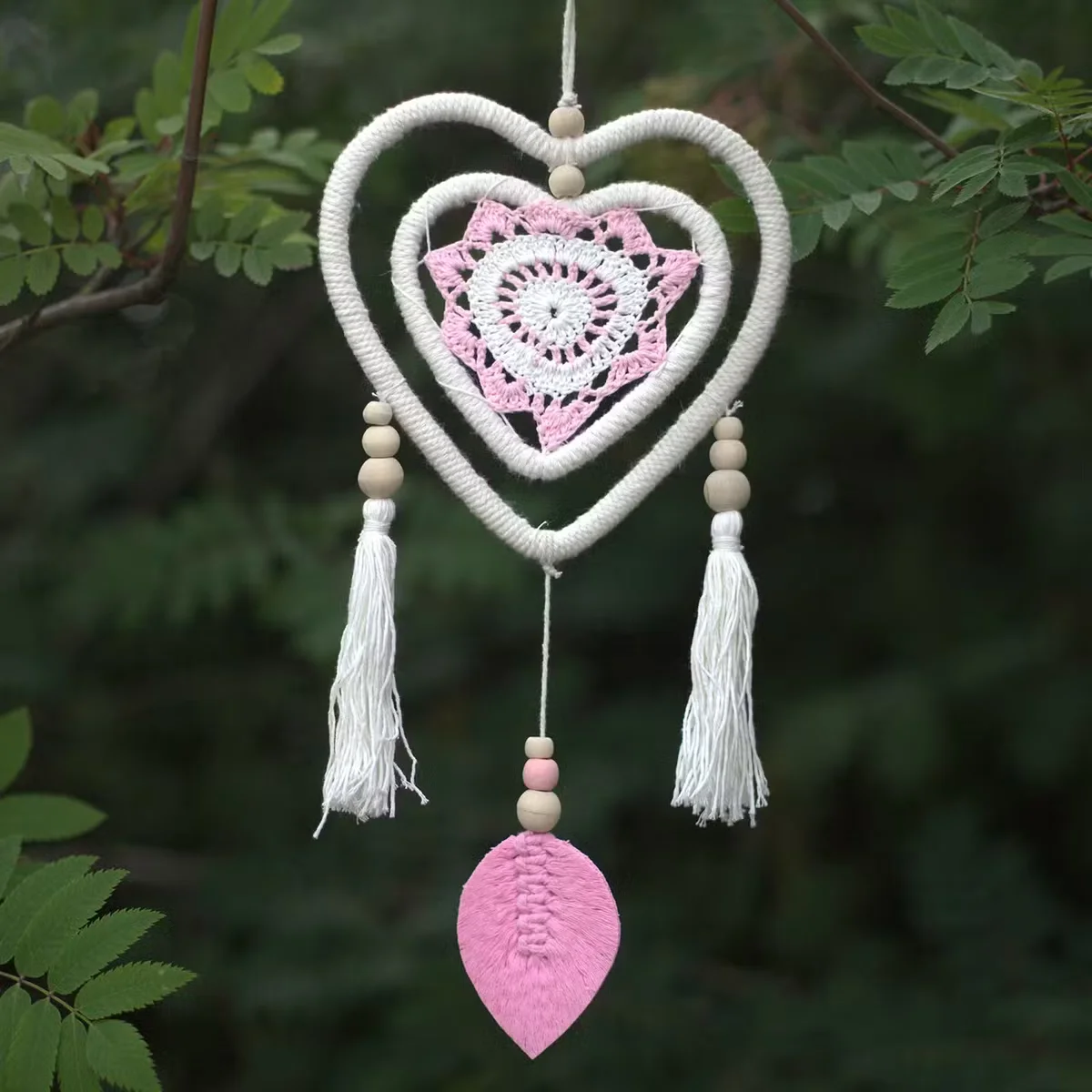 Medium dream catcher with pink heart-in-heart design, decorative pink wall hanging for home decor