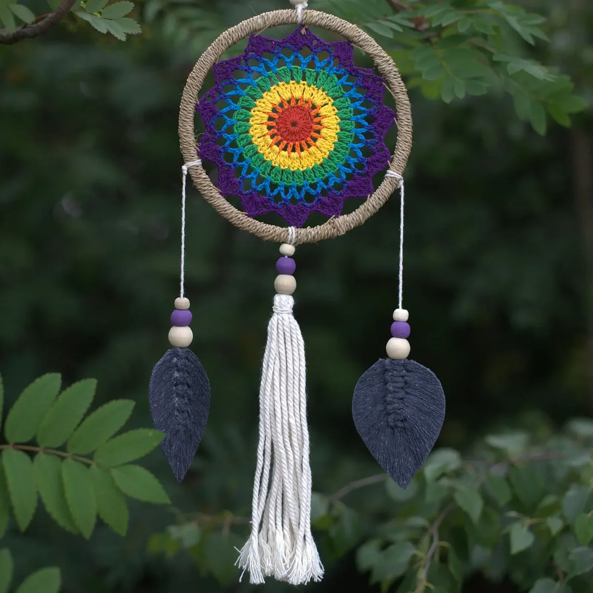 Medium rainbow dream catcher featuring colorful elemental spirits design with feathers and intricate web pattern