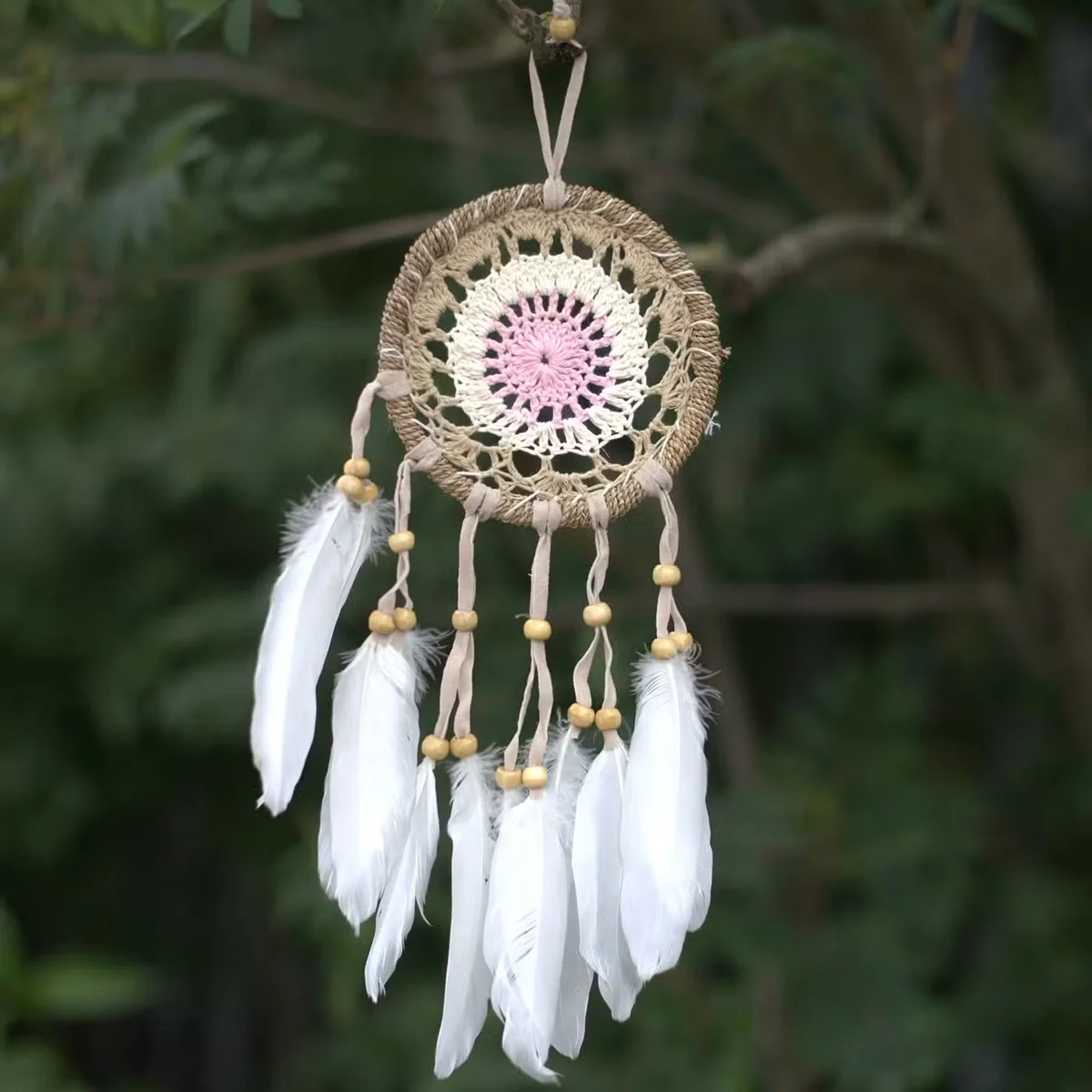 Pastel pink 12cm boho dream catcher with macramé design in assorted colours hanging decor