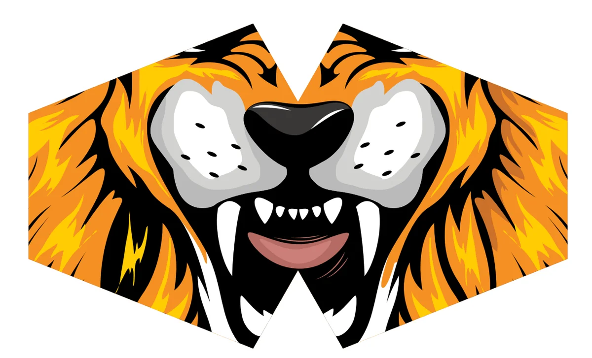 Adult reusable fashion tiger face mask with bold tiger pattern.