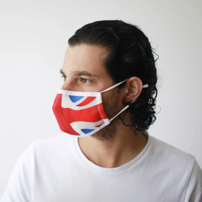 Union Jack face mask, reusable fashion style, adult size, with clear British flag design.