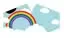 Bright rainbow children's reusable face mask displayed folded, with elastic straps and a colorful pattern