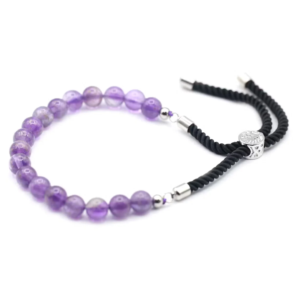 925 silver jewellery black string bracelet with purple amethyst gemstone on white background, shown from side angle