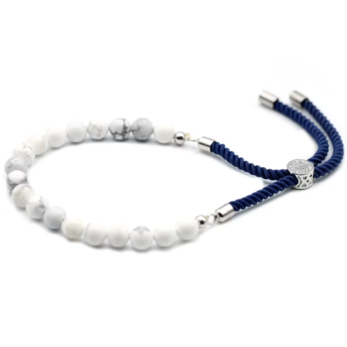 925 silver bracelet with white howlite gemstone on navy string, elegant and minimalist design