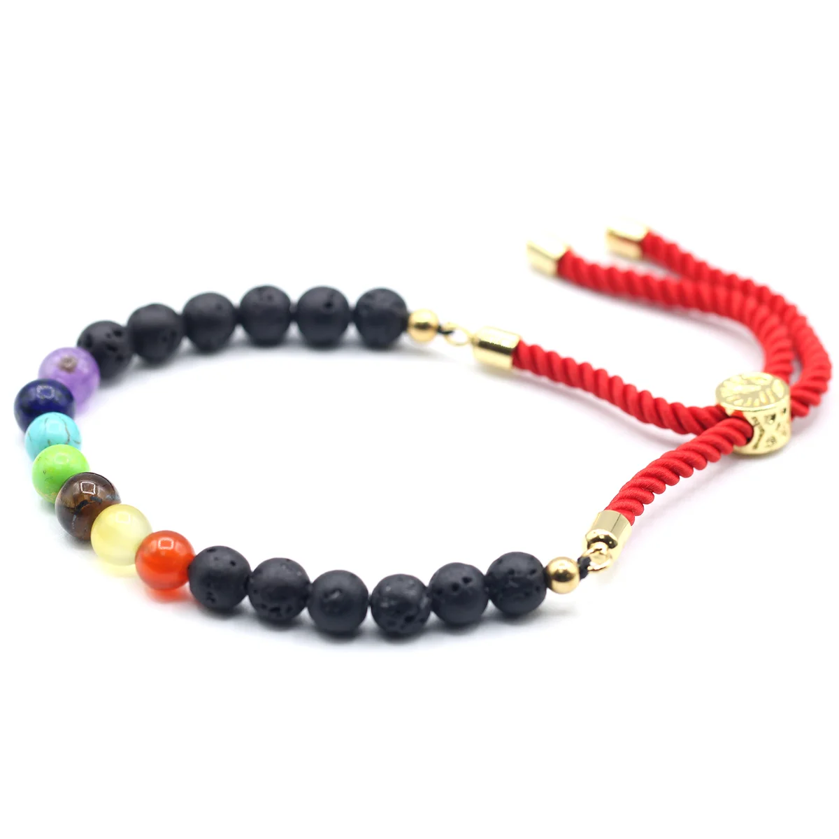 18K gold plated chakra string bracelet featuring black lava stone beads on a royal string band