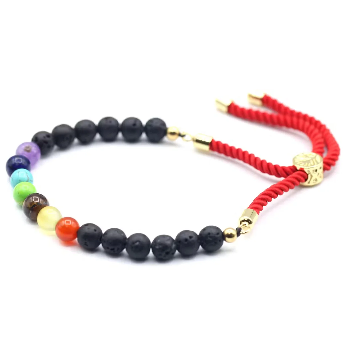 18K gold plated bracelet with black lava stone beads and colorful chakra gemstones on royal string