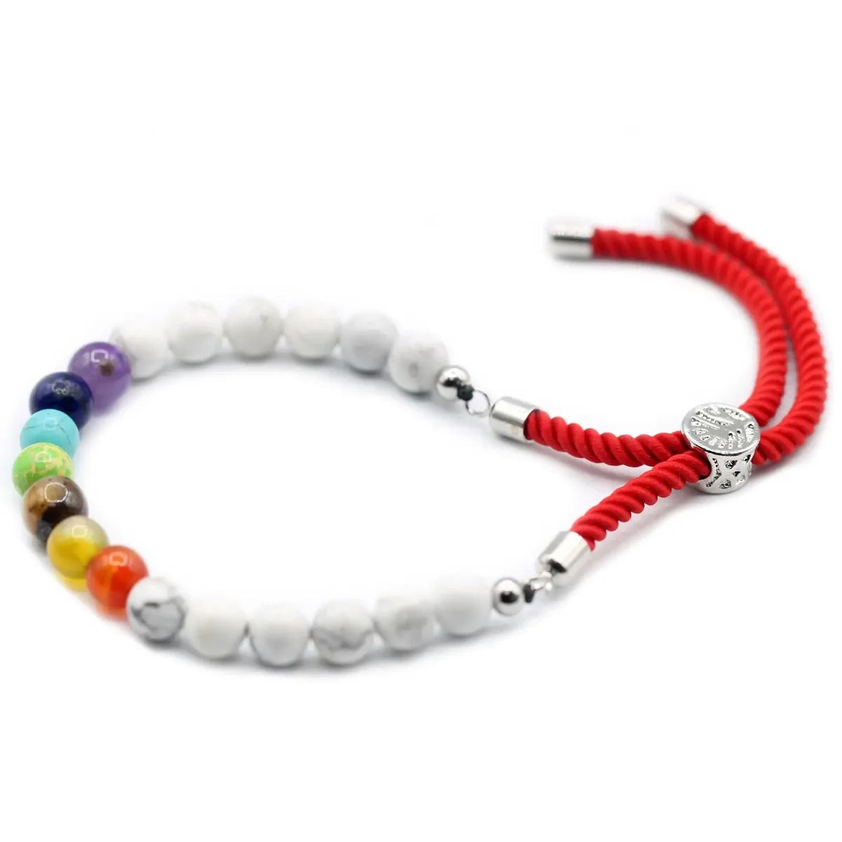 925 silver plated white howlite chakra bracelet with royal red string on white background