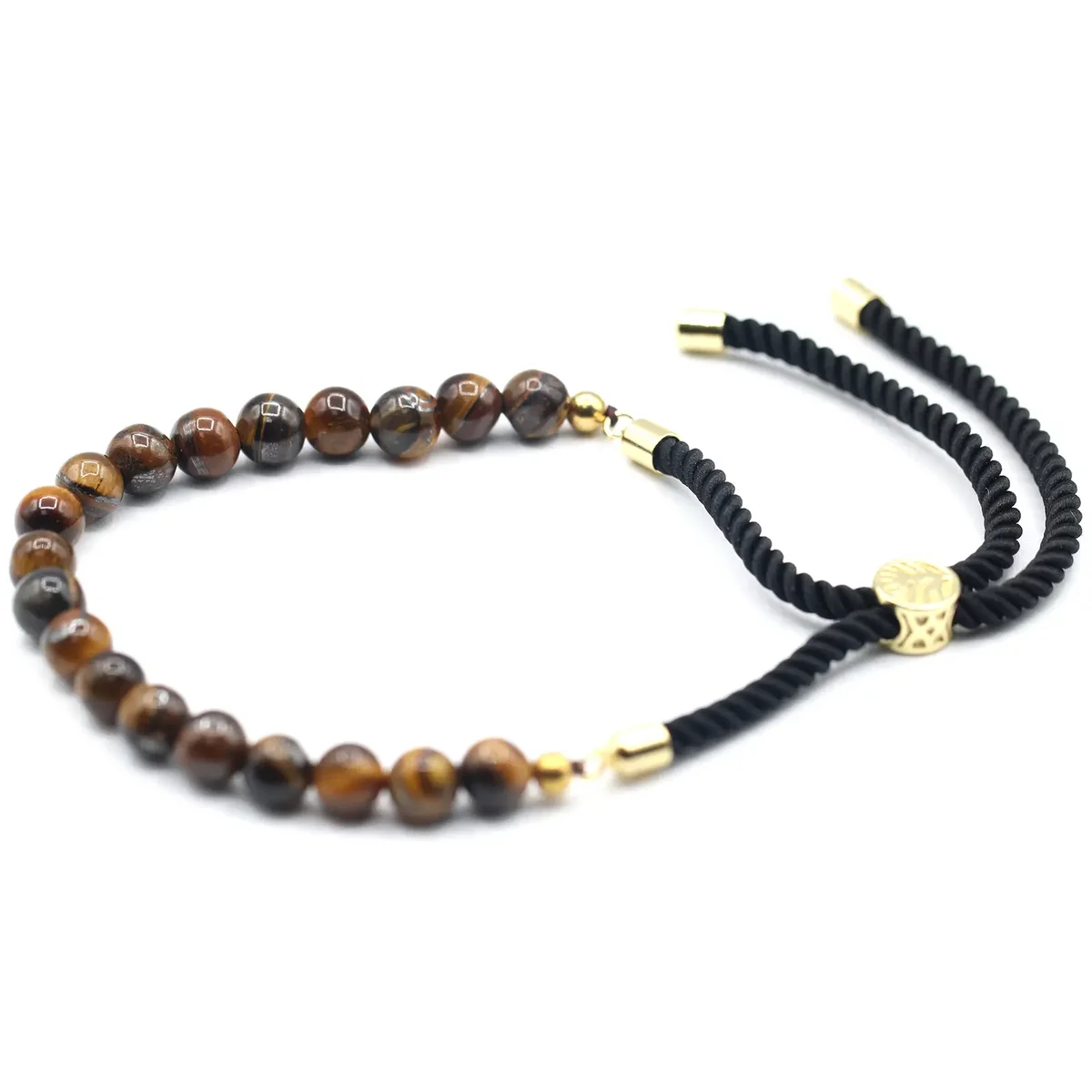 18K gold plated black string tiger eye bracelet with polished brown and gold gemstone beads on a white background