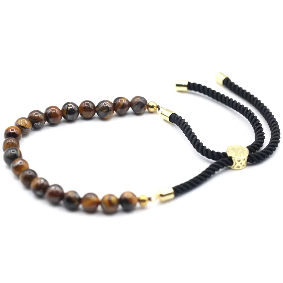 Black string bracelet with 18K gold plated accents and polished tiger eye gemstone beads, close-up view