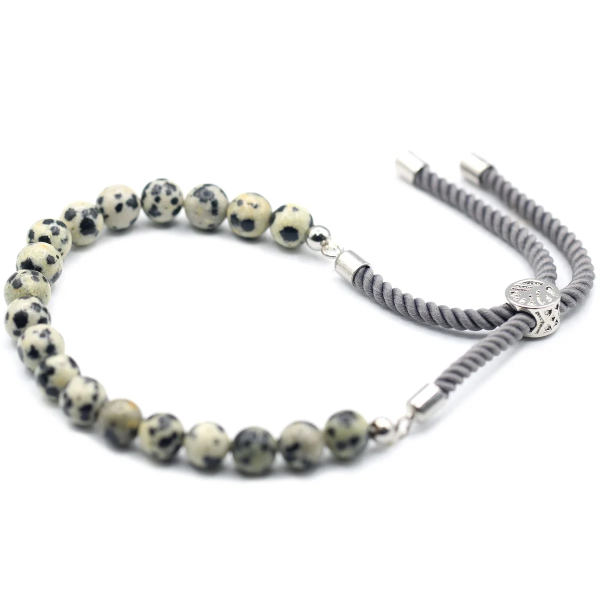 Silver plated bracelet with Dalmatian Jasper gemstones on a charcoal string, elegant and adjustable design