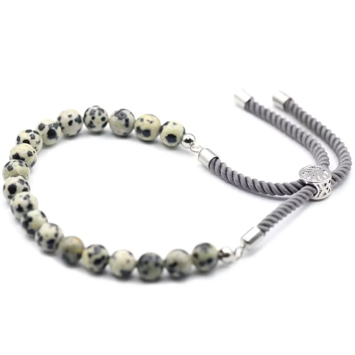 925 silver plated charcoal string bracelet featuring spotted Dalmatian Jasper gemstone beads on a black cord