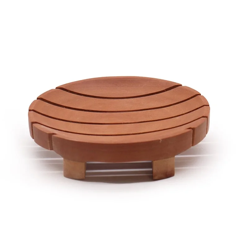 Round classic mahogany soap dish with smooth finish and simple design for bathroom use