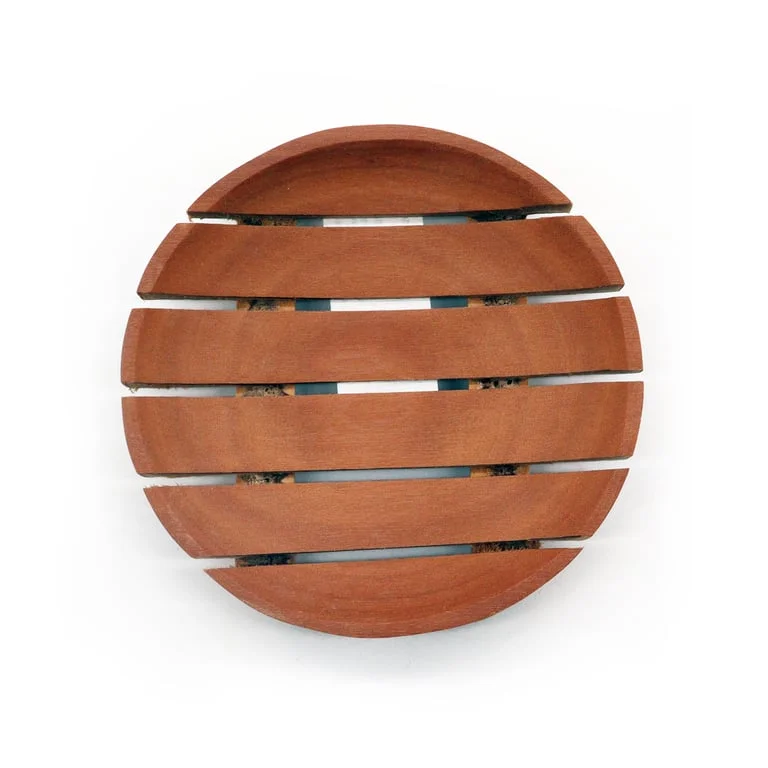 Classic round soap dish made of polished mahogany wood with smooth edges and a shallow basin design