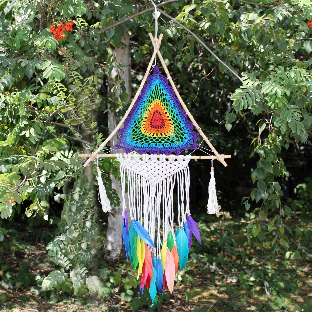 Large multi pyramid Bali dreamcatcher boho wall hanging with intricate woven design and feathers