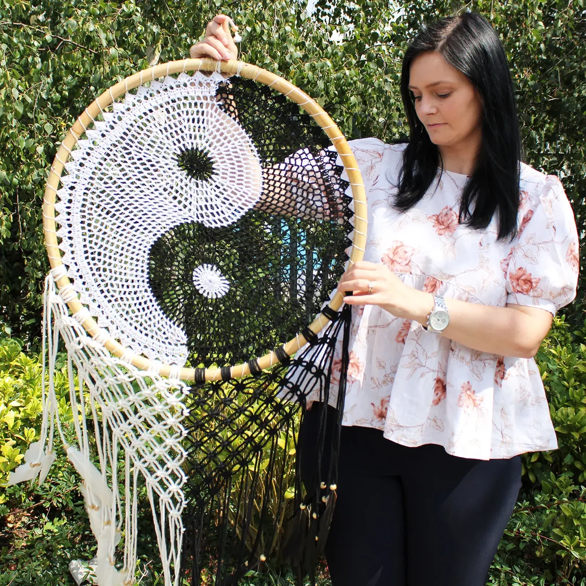 Extra large Bali dream catcher featuring a 50cm diameter Ying Yang design with intricate webbing and feathers