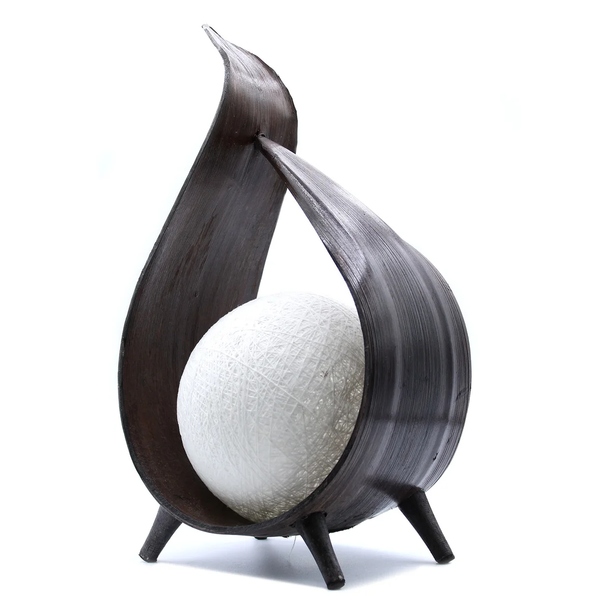 Natural coconut indoor decorative lamp with a chocolate wrapover twist design on a white background