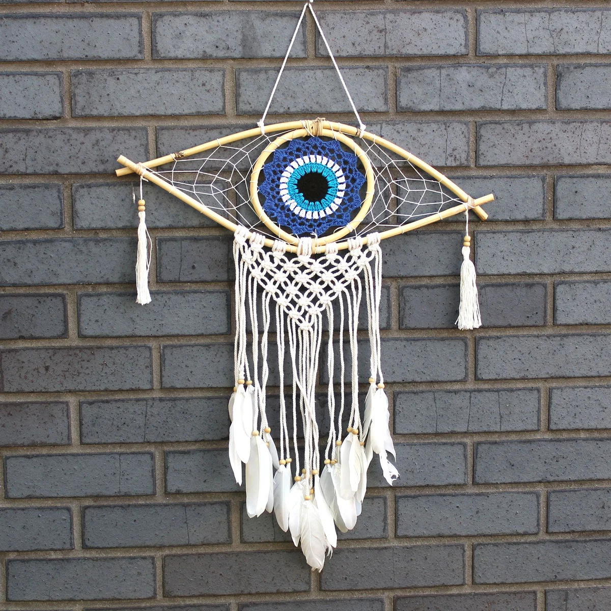 Medium macramé protection dream catcher with blue, white and black evil eye motif