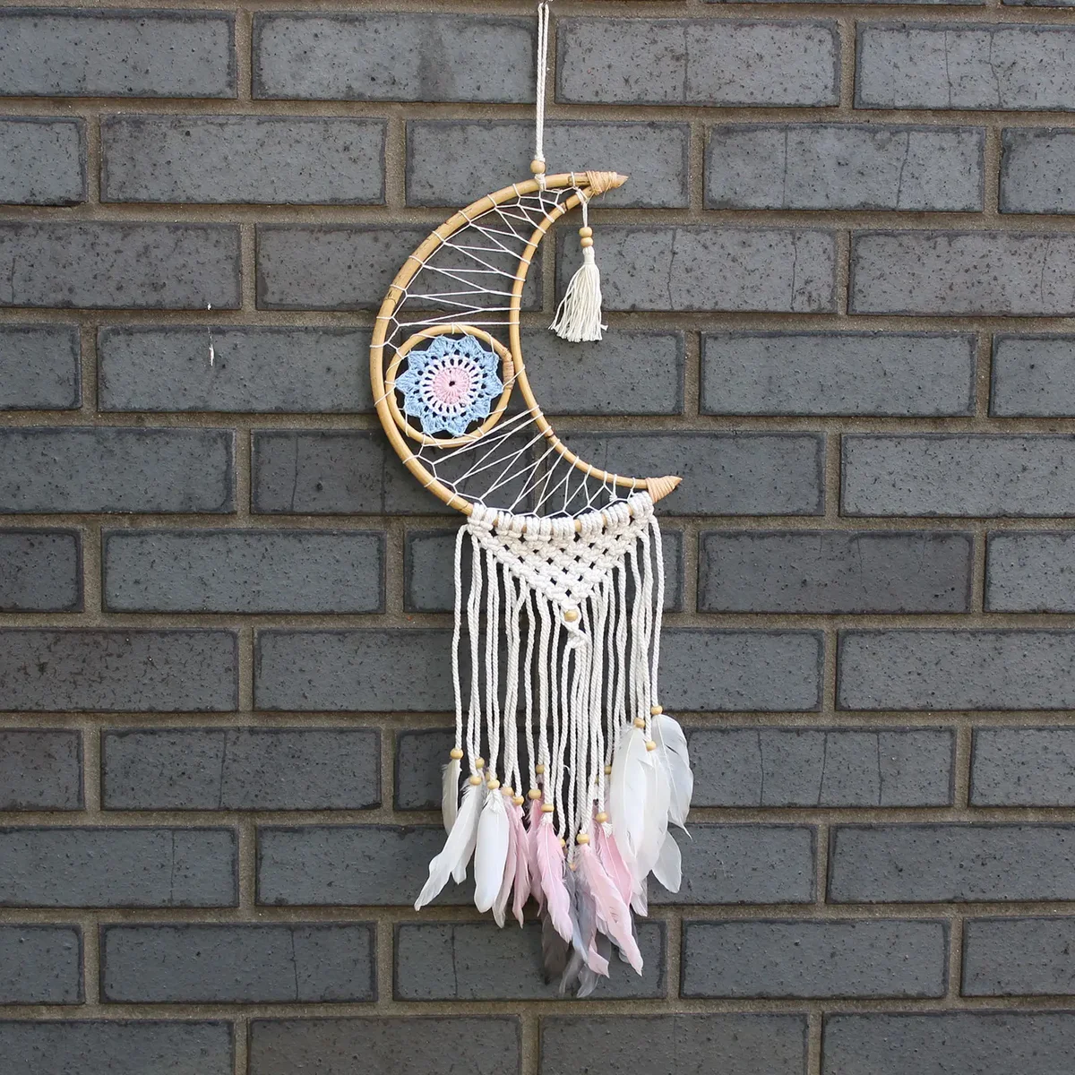 Macrame Moon protection dream catcher with delicate net and feather accents