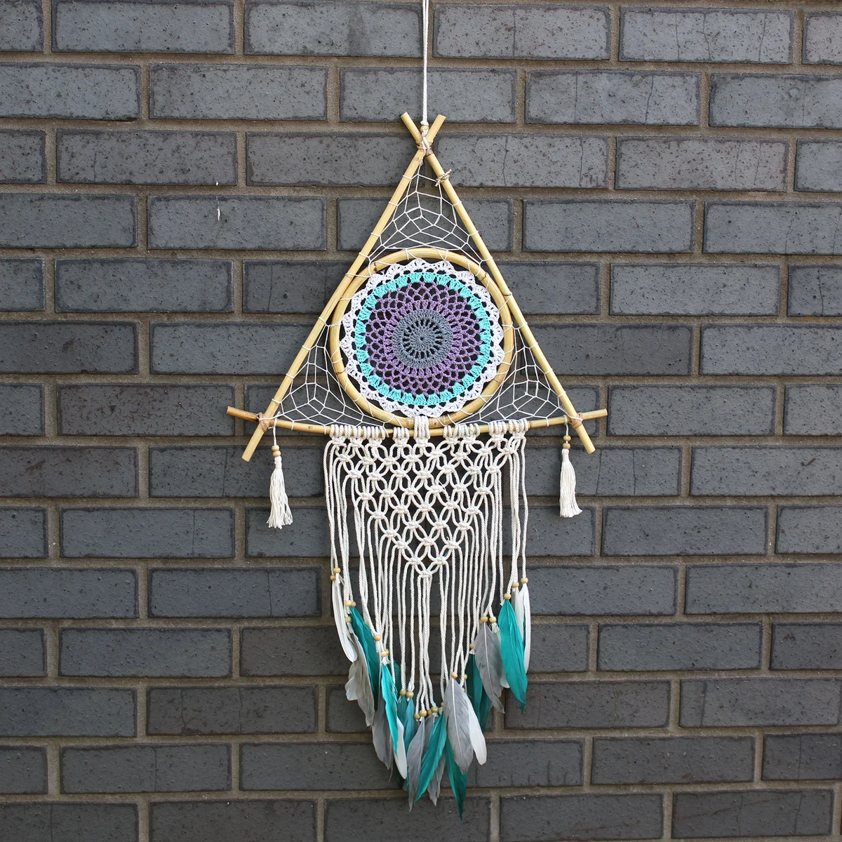 Large white and turquoise macramé pyramid dream catcher