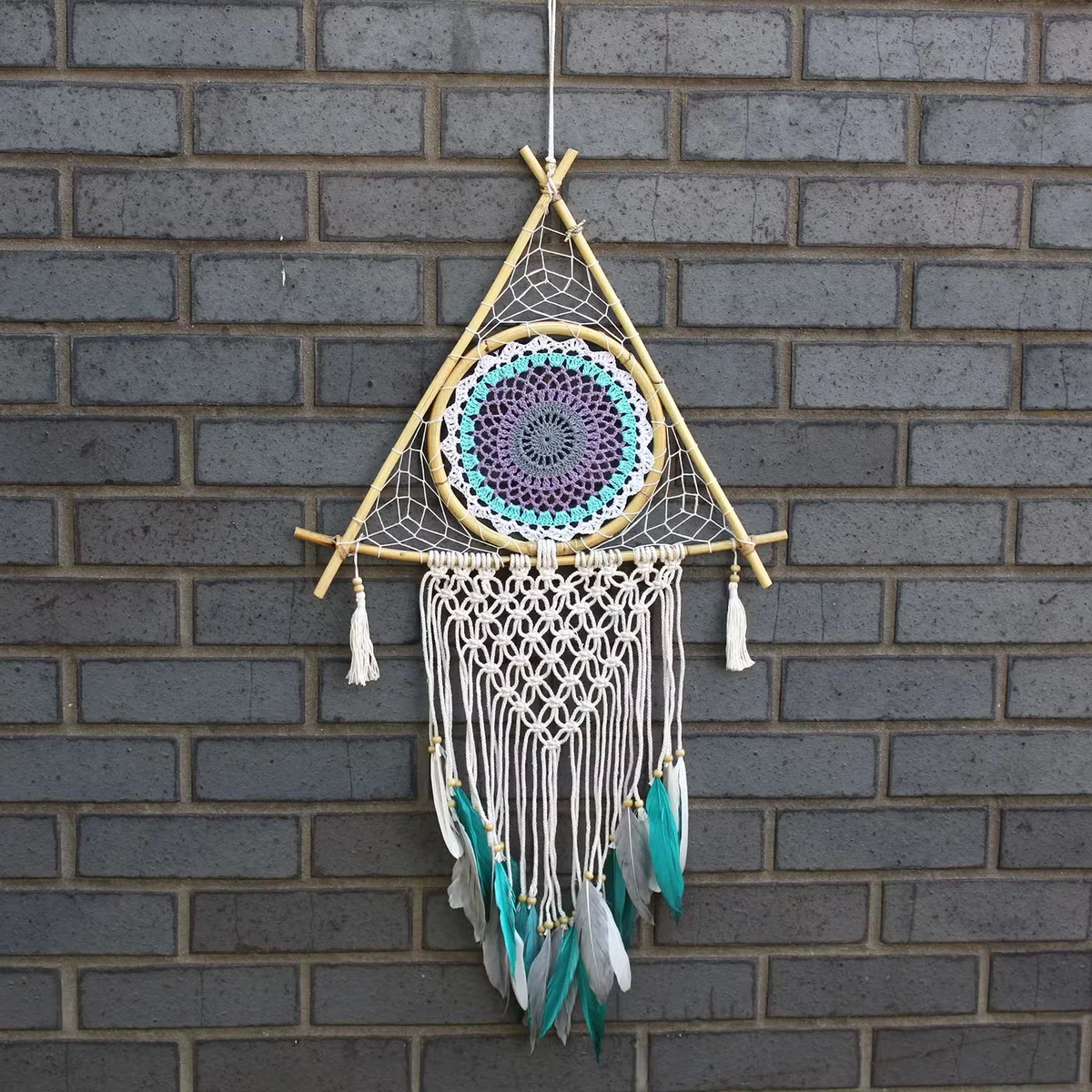 Large white and turquoise pyramid dream catcher, macrame wall hanging