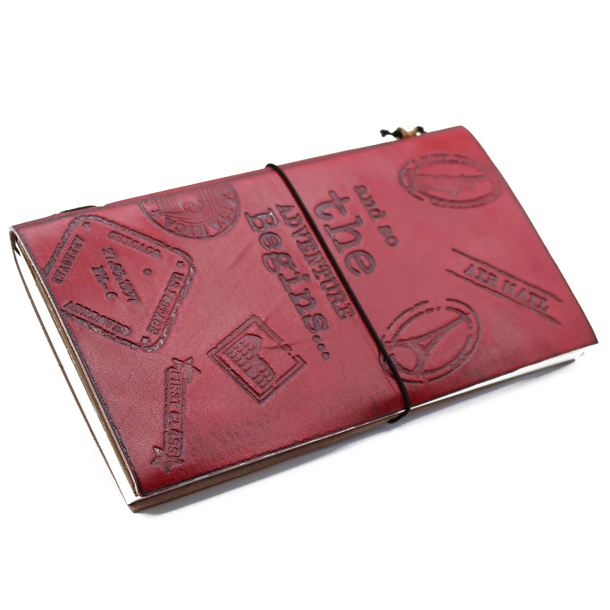 Red handmade leather journal with 80 pages, titled “The Adventure Begins,” open to a blank page.
