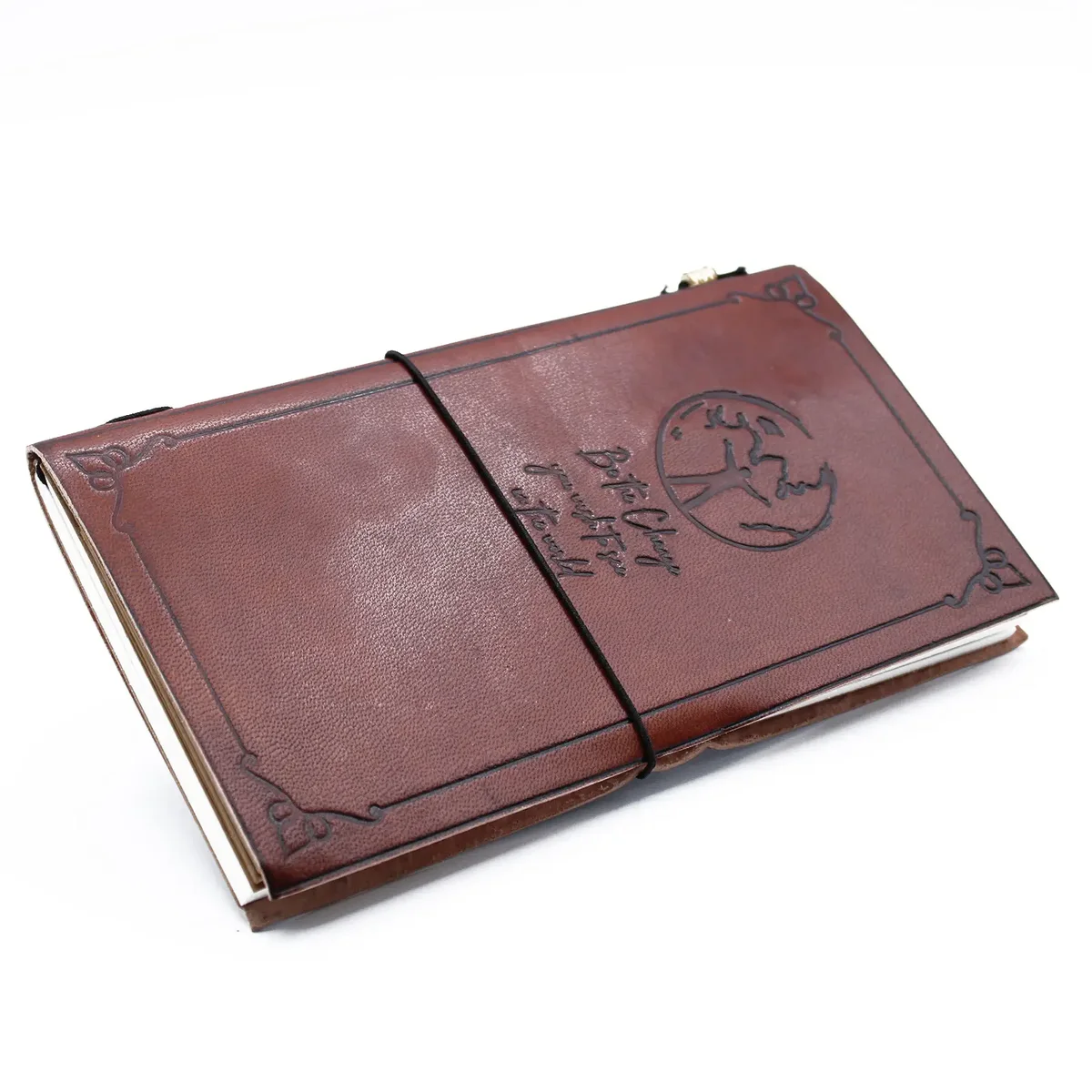 Brown leather journal with embossed cover, open to show 80 pages, title 'Be the Change'.