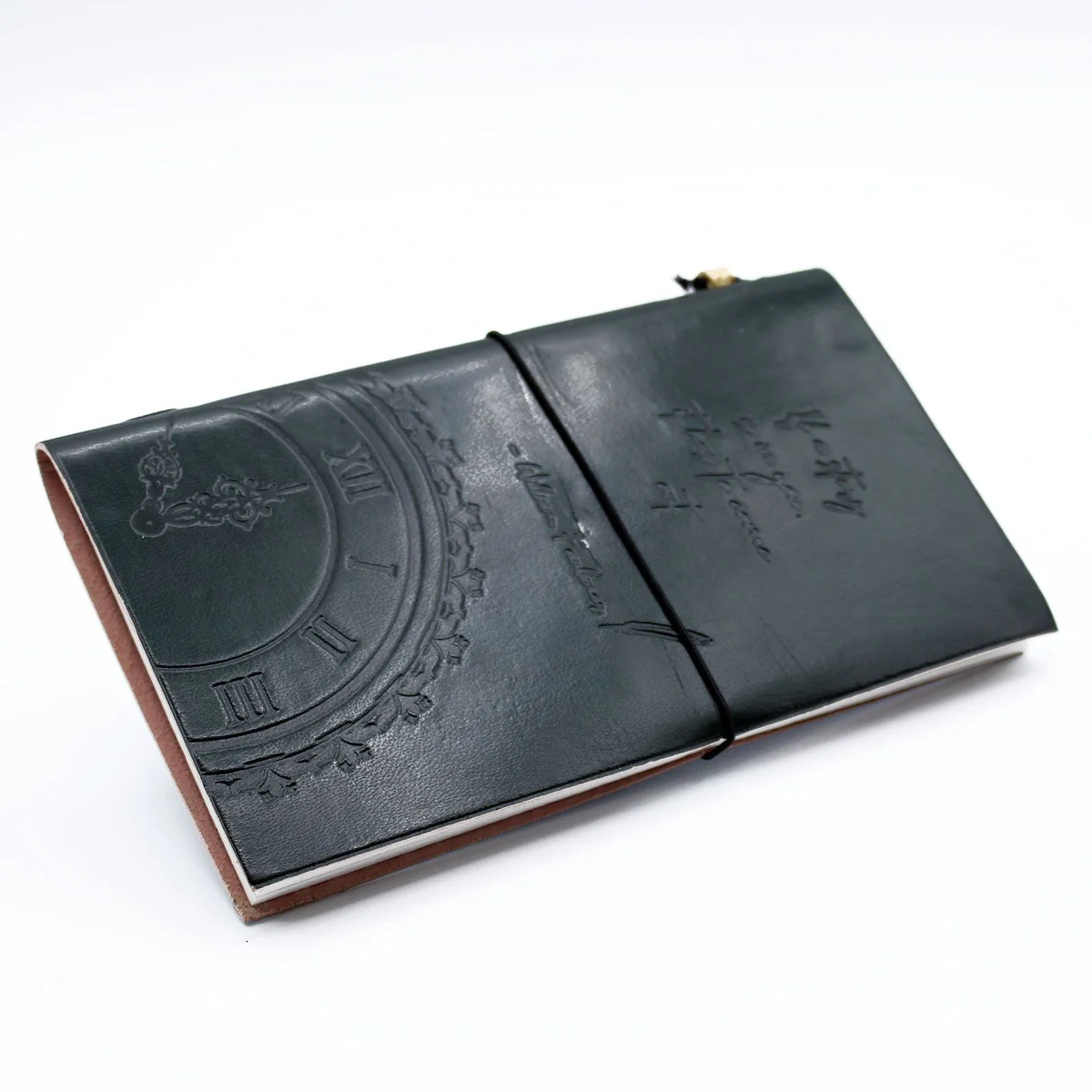 Green, closed handmade leather journal with embossed title 'If a Story is in You', showcasing smooth leather texture