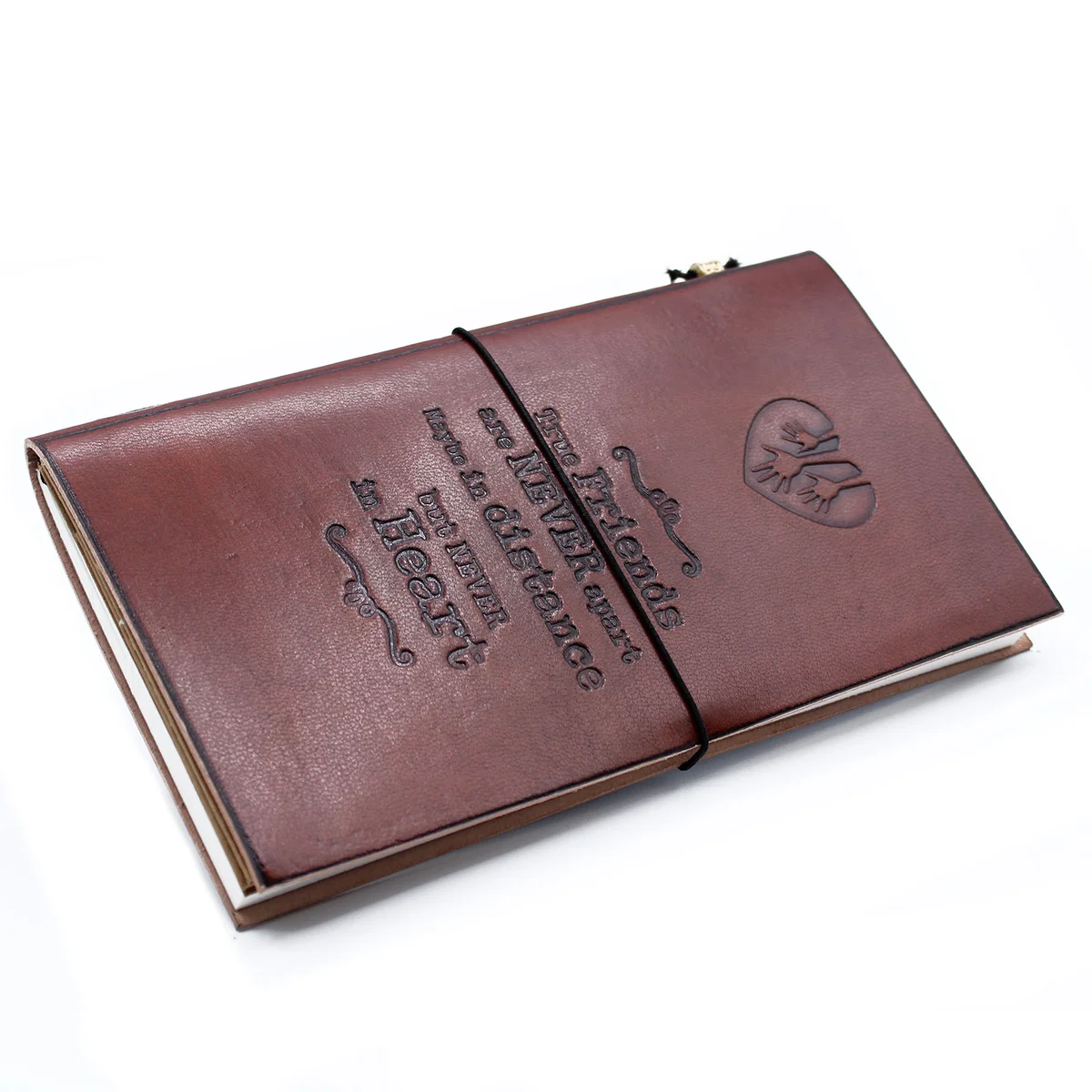 Brown handmade leather journal with stitched cover, partially open showing a stack of pages, an 80 page journal.