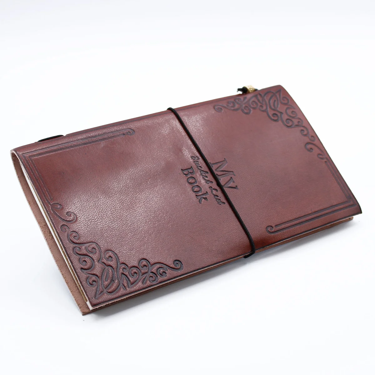 Brown leather journal with handmade cover, 80 pages, featuring fold‑over metal binding