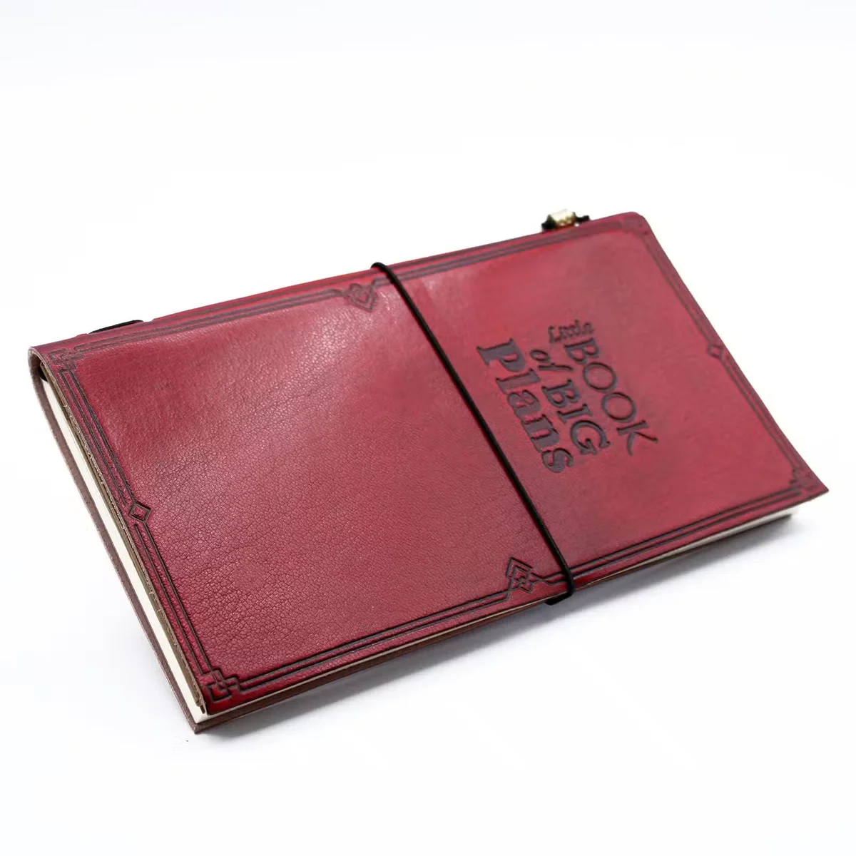Red handmade leather journal titled “Little Book of Big Plans”, 80 pages, closed cover.