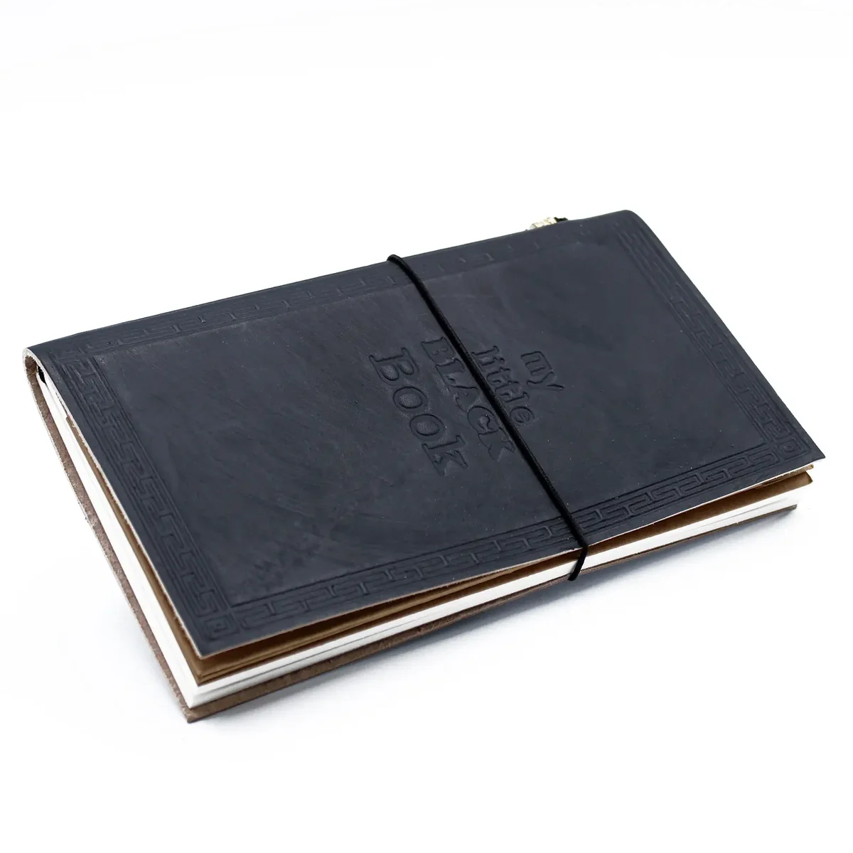 Handmade leather journal, black cover, closed with 80 pages inside.