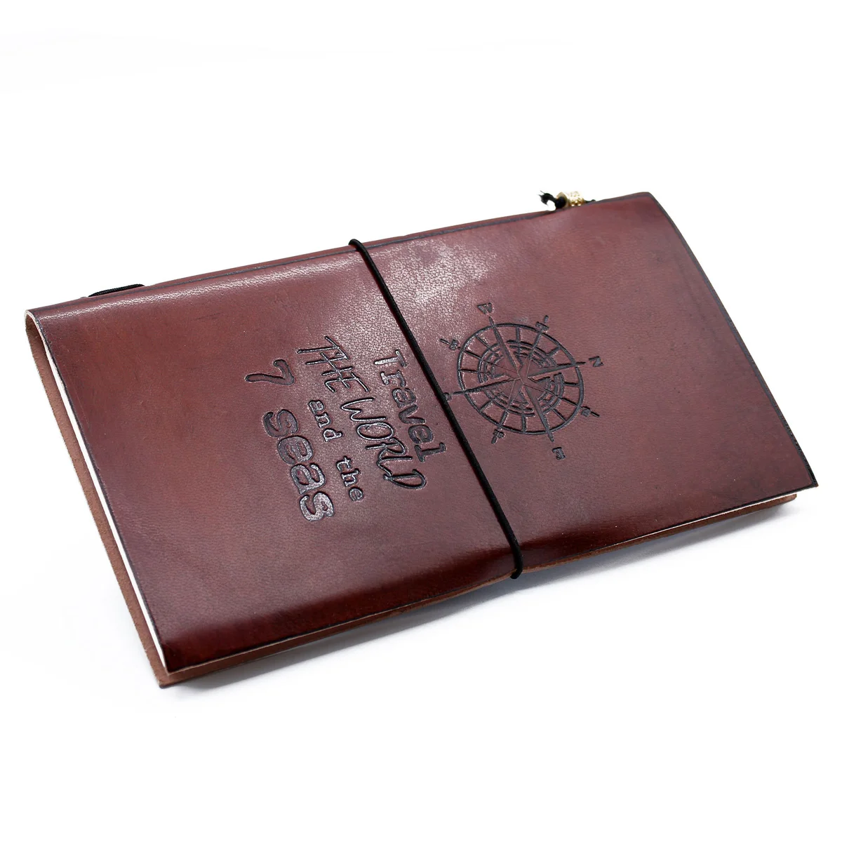 Brown handmade leather notebook with travel-themed cover, 80 pages inside.