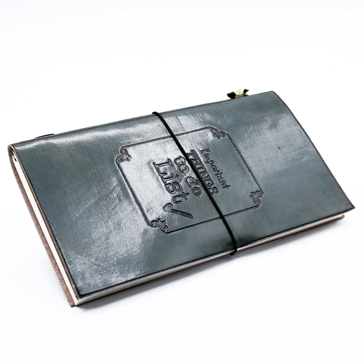 Grey handmade leather journal with 80 pages, titled 'Important Things To Do', shown open.