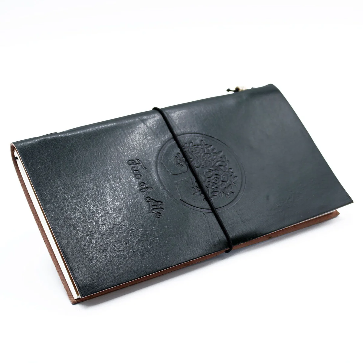 Handmade leather journal in green, featuring a Tree of Life design on the cover, open to show 80 pages.