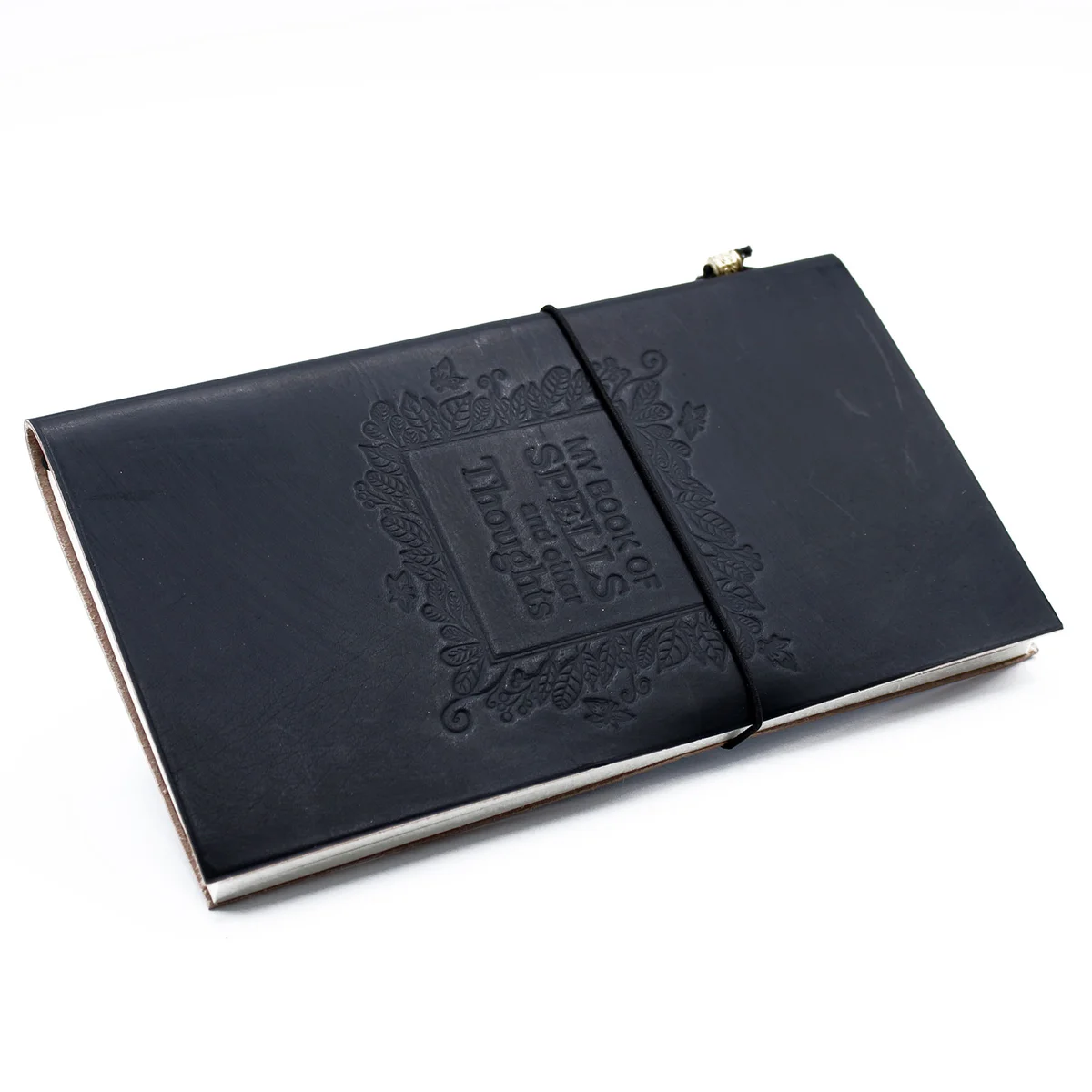Black handmade leather diary with a worn leather cover, neatly stitched top edge and open pages visible.