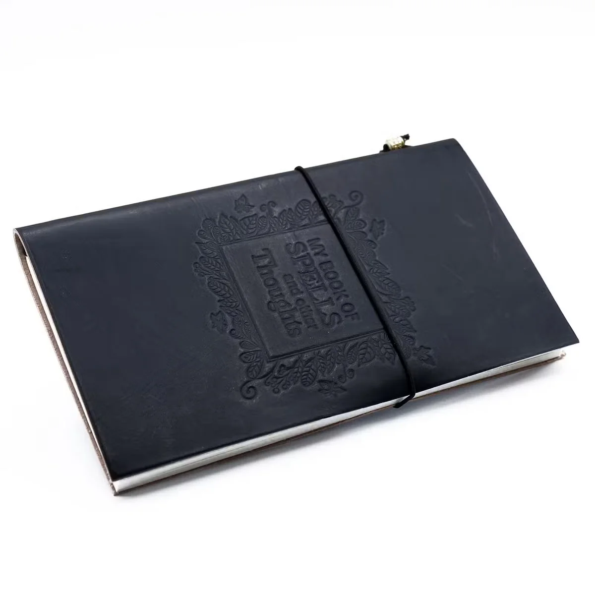 Handcrafted journal in black leather with simple cover.