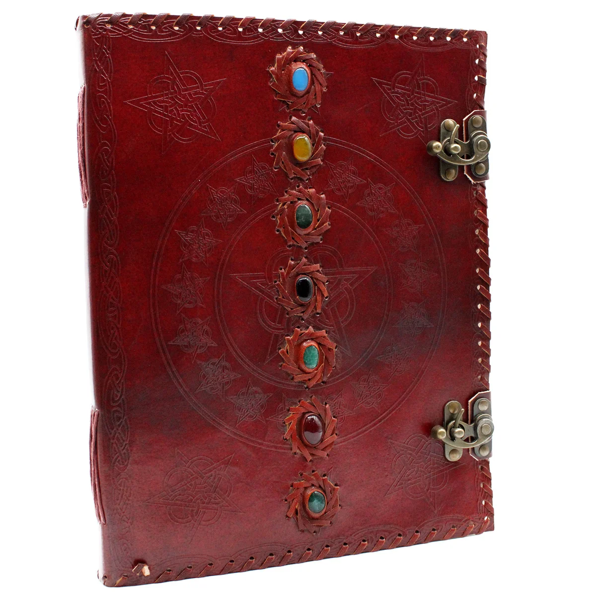 Large leather-covered chakra meditation journal, 10x13 inches, 200 pages, with multicoloured chakra artwork on front cover.