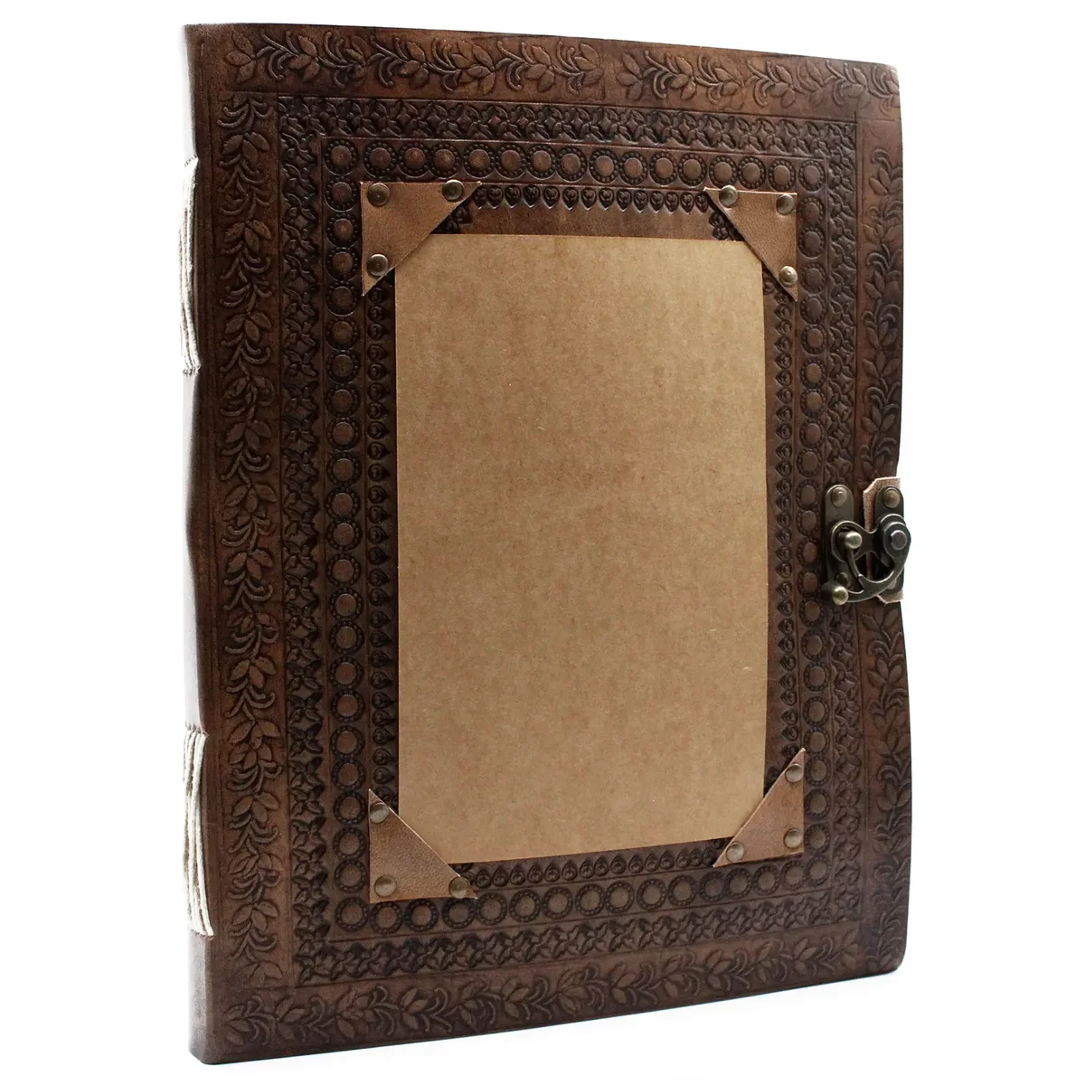 Large leather visitor book, 10x13 inches, customisable cover with 200 pages.