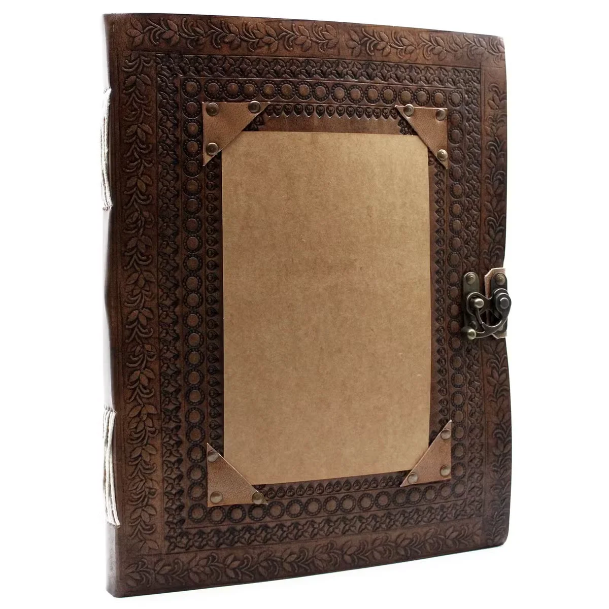 200 page visitor book in leather binding, 10x13 size, open with blank pages visible