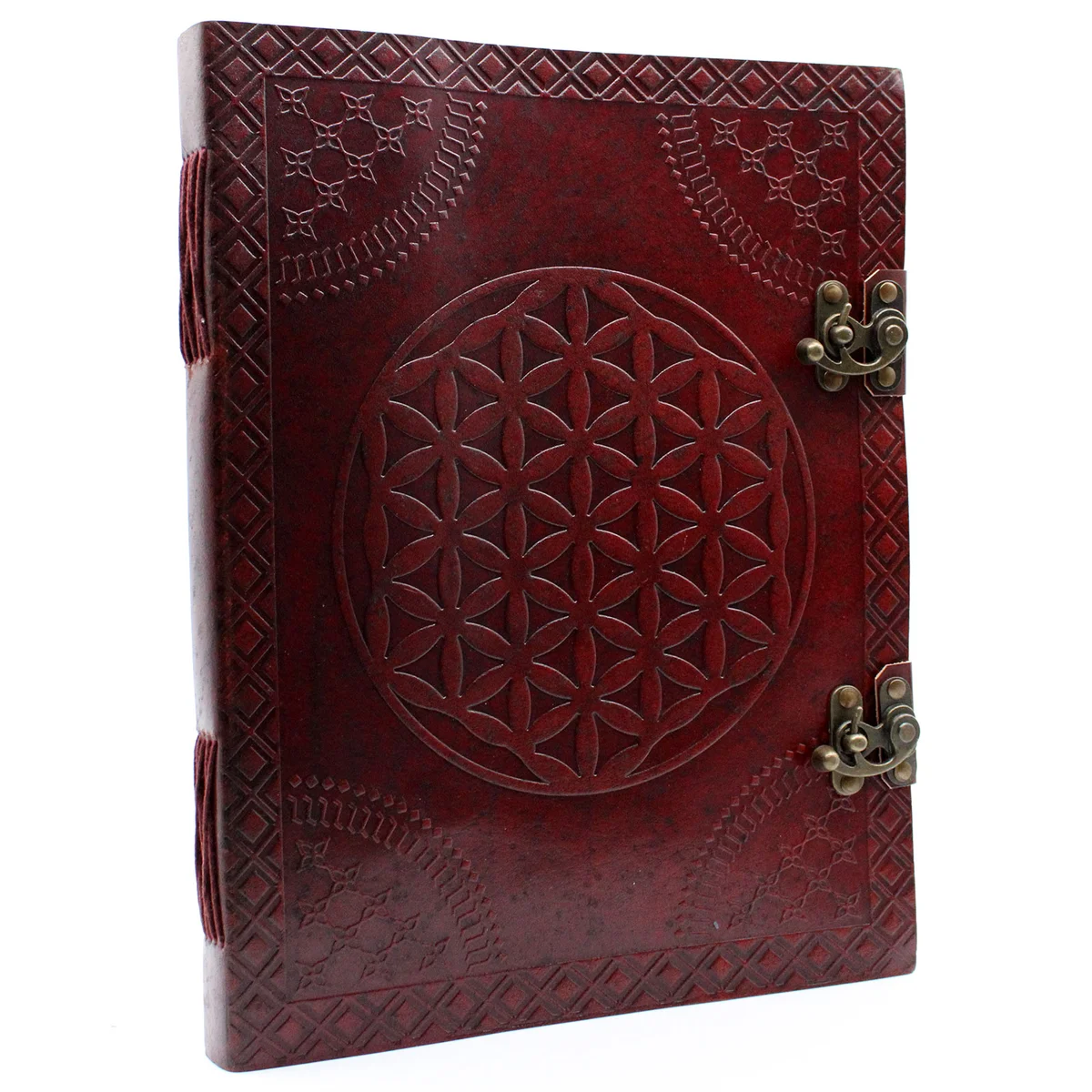 Large leather notebook with Flower of Life design, 10x13 inch, 200 pages.